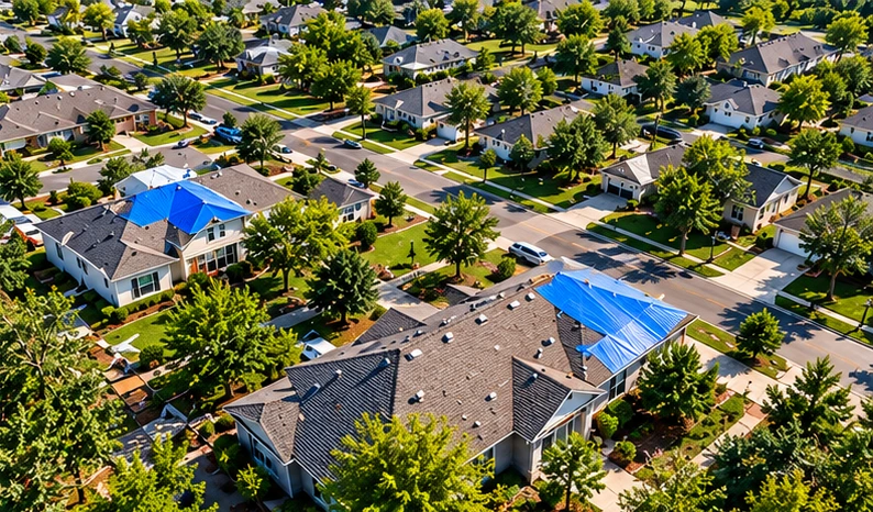 Illustrative aerial view of residential roofs with protective tarps