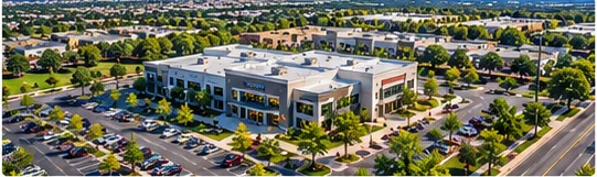 Illustrative aerial view of a landscaped commercial property